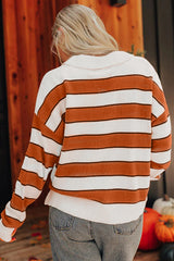 Brown Stripe Ribbed Polo Collar Drop Shoulder Sweater Sweaters JT's Designer Fashion
