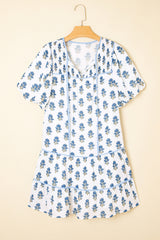 Sky Blue Floral Puff Sleeve Tied Neck Pocketed Mini Dress Floral Dresses JT's Designer Fashion