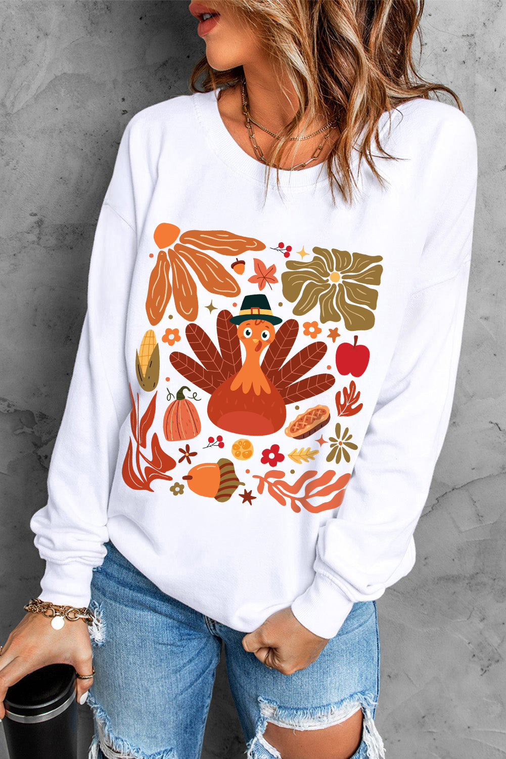 Beige Thanksgiving Fall Vibe Graphic Crew Neck Sweatshirt Graphic Sweatshirts JT's Designer Fashion