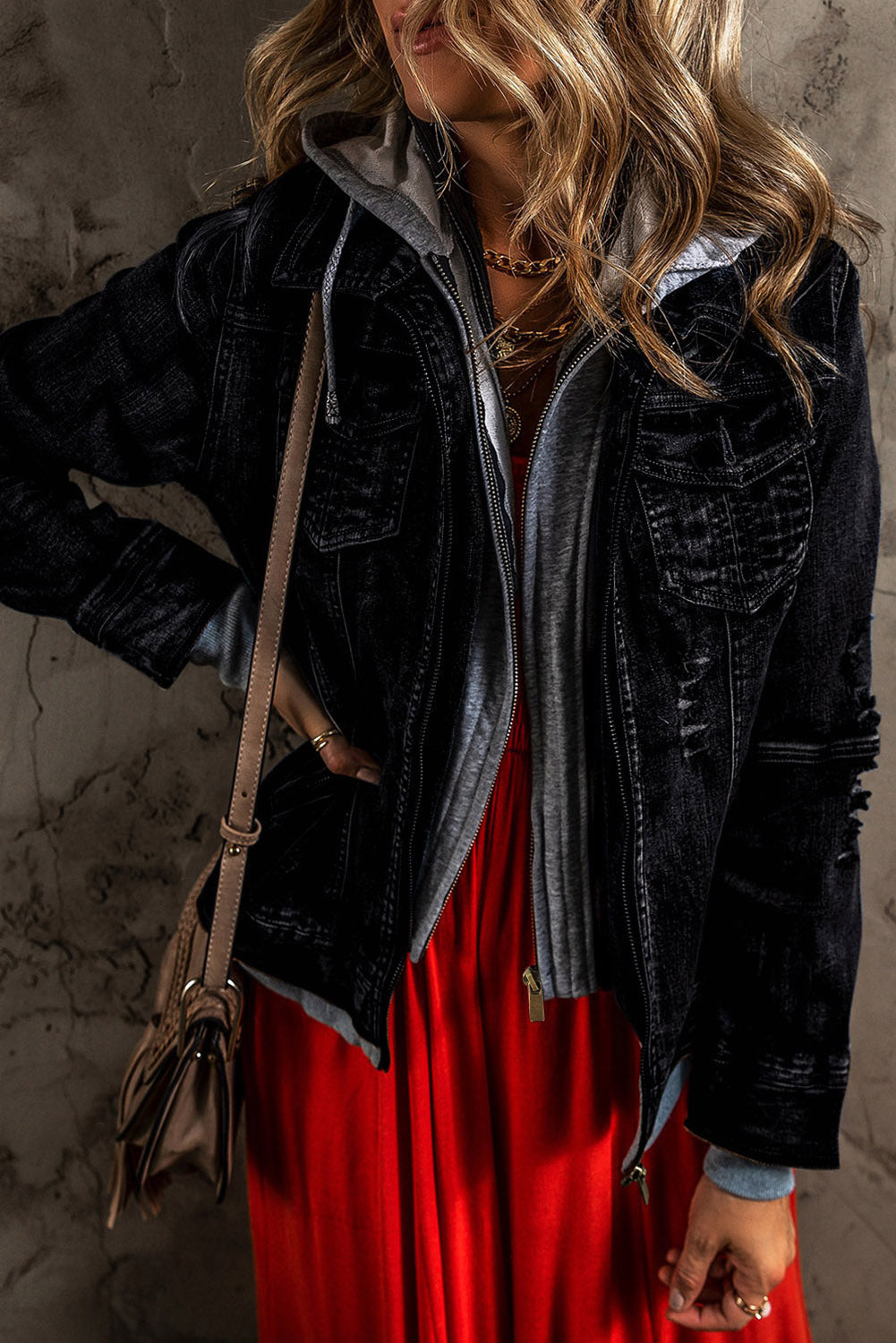 Black Fake Two-Piece Hooded Zip-Up Denim Jacket Black 75%Cotton+12.7%Polyester+12.3%Viscose Denim Jackets JT's Designer Fashion