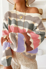 Gray Wave Striped Balloon Sleeve Drop Shoulder Sweater Sweaters JT's Designer Fashion