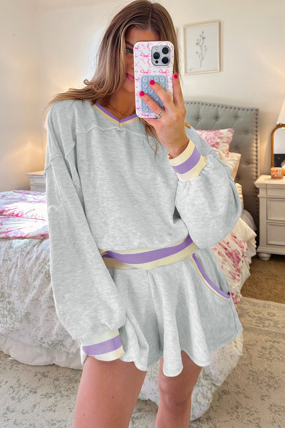 Light Grey Contrast Striped Bands Cropped Pullover and Athletic Short Set Short Sets JT's Designer Fashion