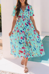 Sky Blue Abstract Print Short Puff Sleeve Tiered Long Dress Maxi Dresses JT's Designer Fashion