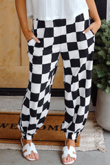 Black Checkerboard Elastic Waist Pocketed Joggers Pants & Culotte JT's Designer Fashion