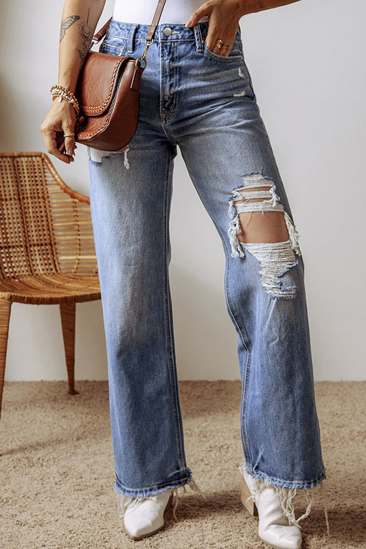 Ashleigh Blue Distressed Raw Hem Straight Leg High Waist Jeans Ashleigh Blue 71%Cotton+27.5%Polyester+1.5%Elastane Jeans JT's Designer Fashion