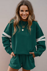 Evergreen Varsity Striped Sleeve Drop Shoulder Sweatshirt and Short Set Short Sets JT's Designer Fashion