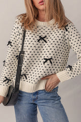 Beige Bow Decor Color Contrast Ribbed Edge Crew Neck Sweater Sweaters JT's Designer Fashion