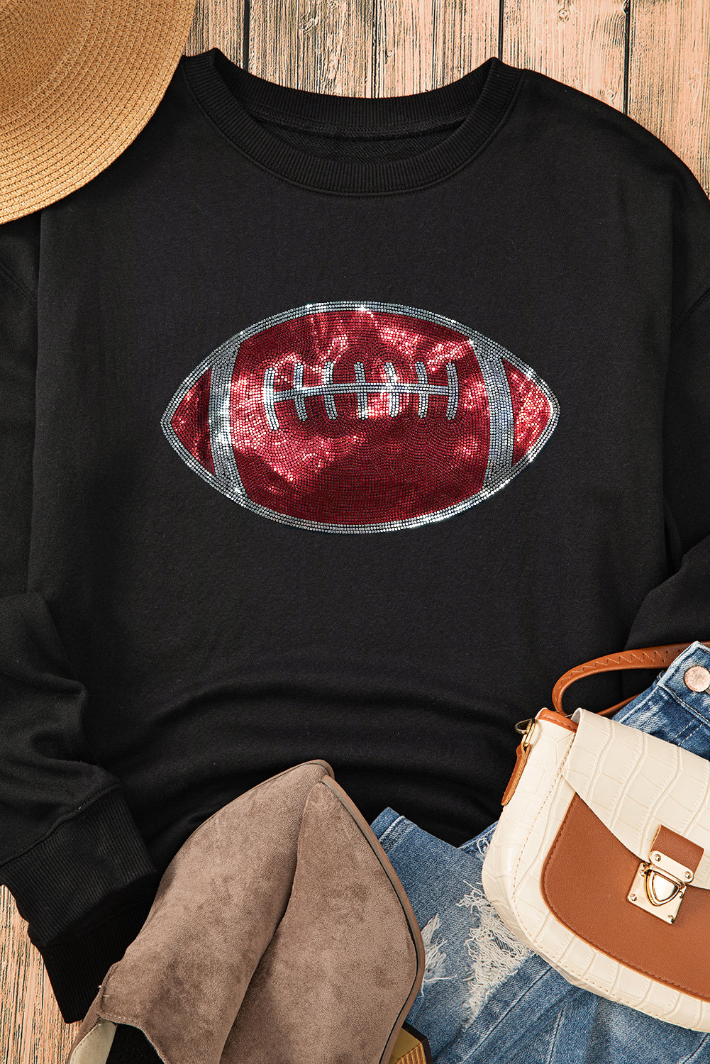 Black Rhinestone Rugby Football Pattern Crew Neck Pullover Sweatshirt Graphic Sweatshirts JT's Designer Fashion