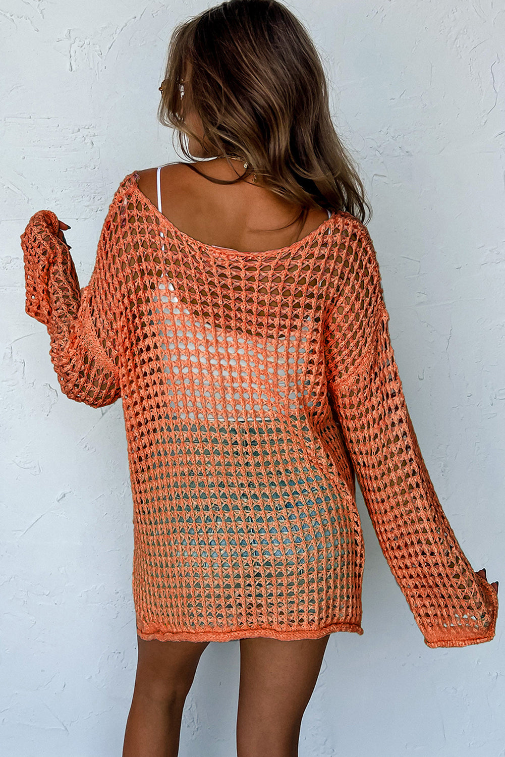Orange Open Knit Crochet Bell Sleeve Tunic Sweater Sweaters & Cardigans JT's Designer Fashion
