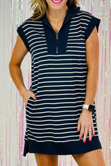 Navy Blue Striped Quarter Zip Collared Cap Sleeve Mini Dress Dresses JT's Designer Fashion