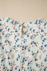 Beige Floral Puff Short Sleeve Empire Waist Mini Dress Floral Dresses JT's Designer Fashion