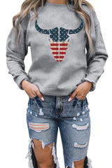 Gray American Flag Steer Head Print Crewneck Pullover Sweatshirt Graphic Sweatshirts JT's Designer Fashion
