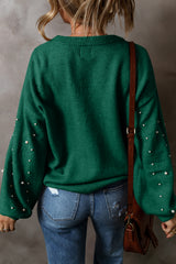 Evergreen Pearled Drop Shoulder Round Neck Sweater Sweaters JT's Designer Fashion
