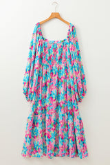 Sky Blue Floral Allover Print Shirred Square Neck Plus Size Maxi Dress Plus Size Maxi Dresses JT's Designer Fashion