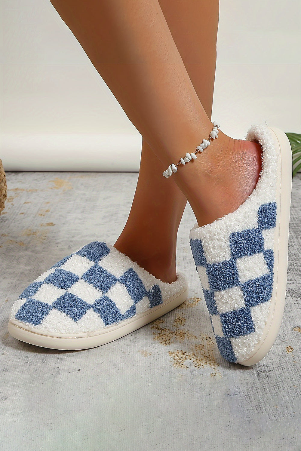 Light Blue Checkered Print Fuzzy Slip On Winter Slippers Slippers JT's Designer Fashion