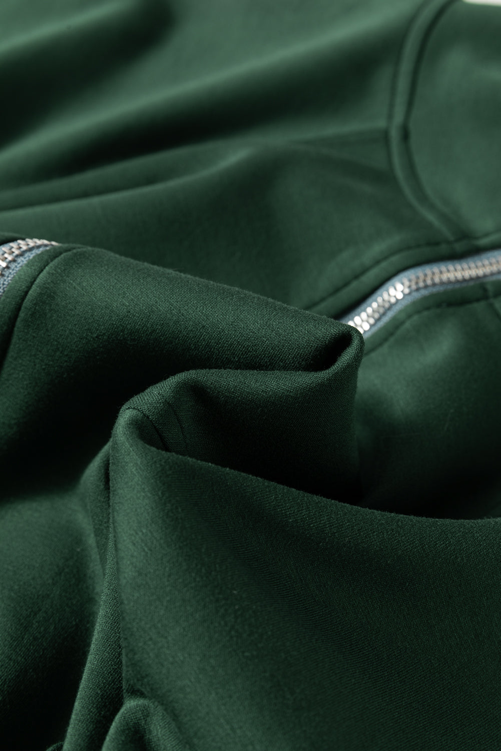 Blackish Green Collared Half Zip French Terry Knit Drawstring Casual Romper Jumpsuits & Rompers JT's Designer Fashion