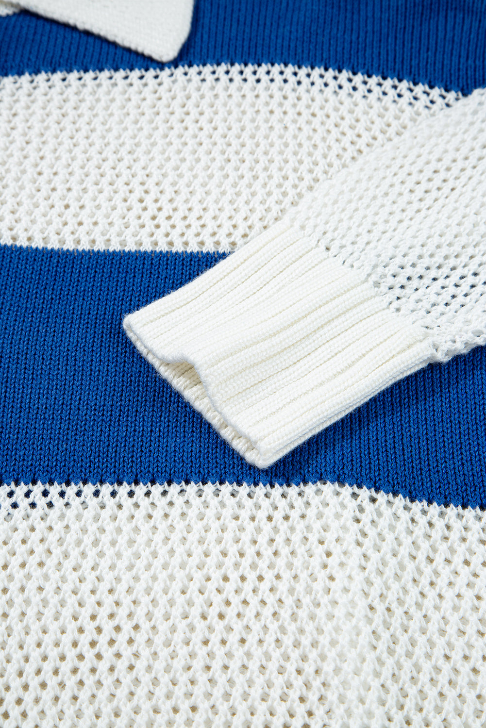Blue Stripe Colorblock Polo Collar Eyelet Crochet Knitted Sweater Sweaters JT's Designer Fashion