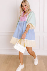 Multicolour Striped Patchwork Ric Rac Puff Sleeve Collared Mini Dress Mini Dresses JT's Designer Fashion