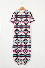 Beige Western Aztec Printed Long T-shirt Dress T Shirt Dresses JT's Designer Fashion