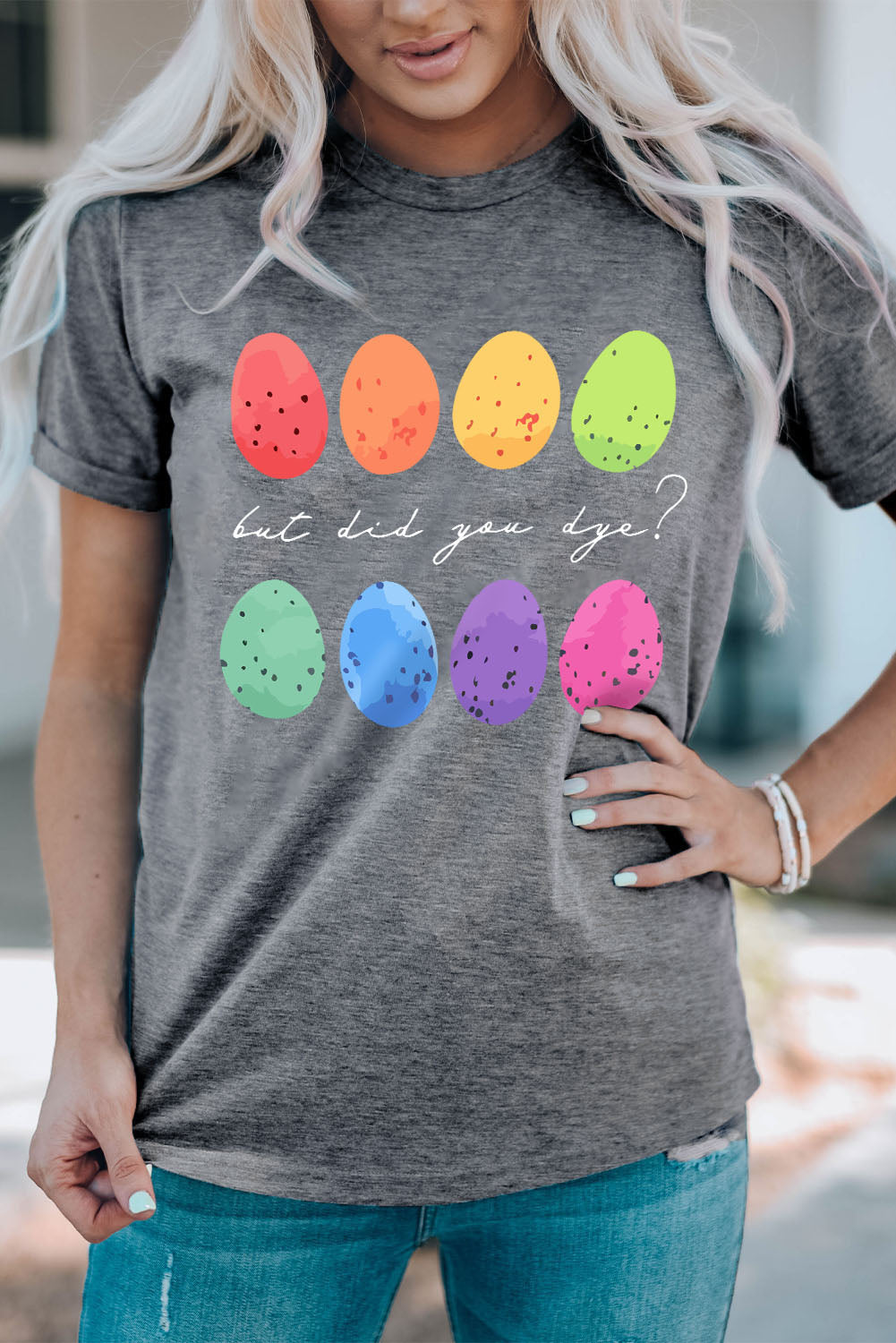 Gray Easter Eggs Print Crew Neck T Shirt Graphic Tees JT's Designer Fashion