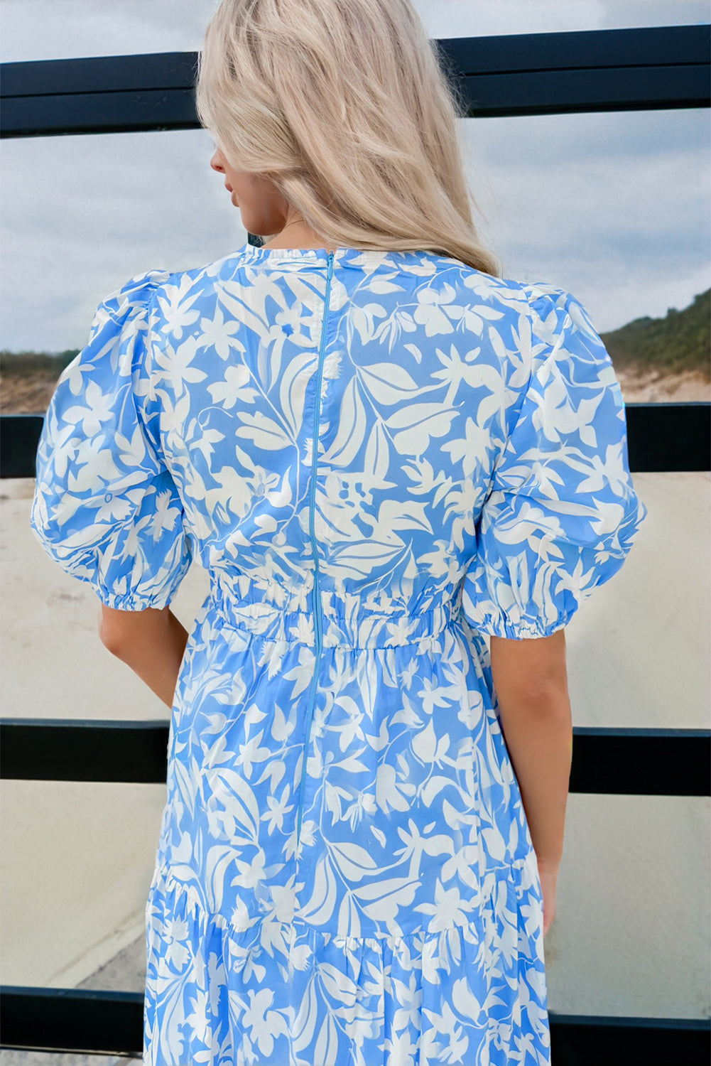 Sky Blue Floral V Neck Puff Short Sleeve Flowy Long Dress Maxi Dresses JT's Designer Fashion