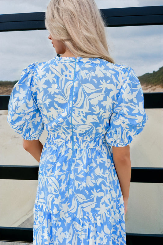 Sky Blue Floral V Neck Puff Short Sleeve Flowy Long Dress Maxi Dresses JT's Designer Fashion