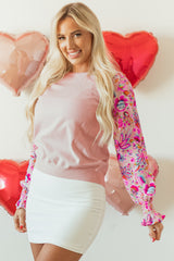 Oatmeal Floral Printed Patchwork Smocked Lantern Sleeve Knit Top Sweaters JT's Designer Fashion