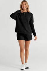 Black Textured Long Sleeve Top and Drawstring Shorts Set Short Sets JT's Designer Fashion