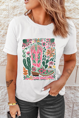 White Western Boot Flower Print Crew Neck Loose Tee Graphic Tees JT's Designer Fashion