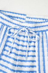 Sky Blue Stripe Knitted Short Sleeve Top and Drawstring Shorts Set Short Sets JT's Designer Fashion