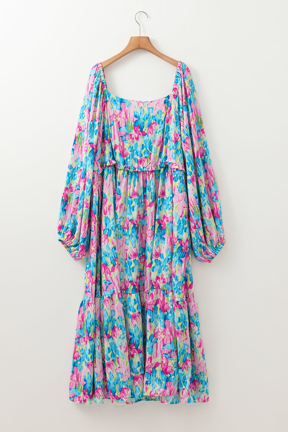Sky Blue Floral Allover Print Shirred Square Neck Plus Size Maxi Dress Plus Size Maxi Dresses JT's Designer Fashion