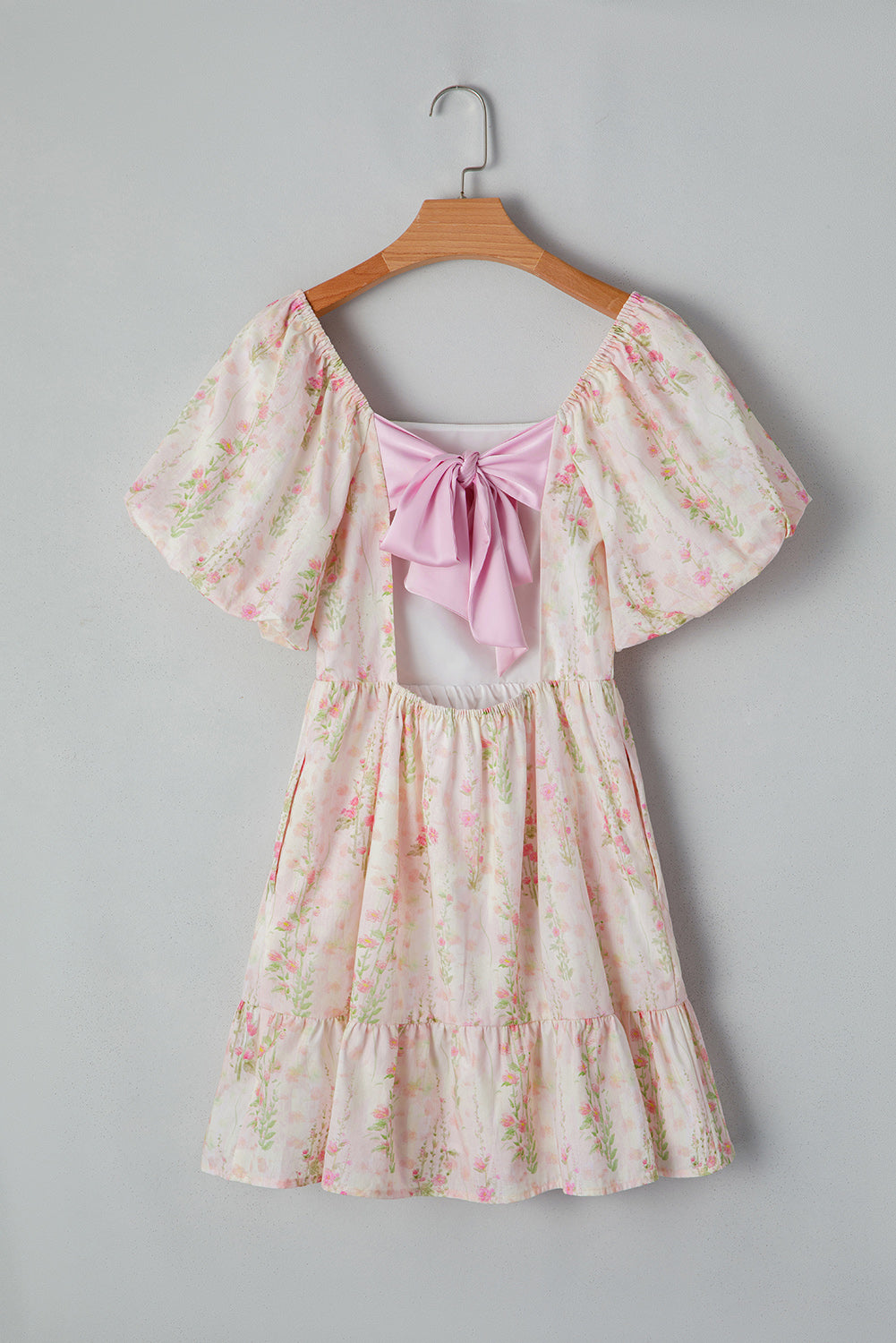 Pink Floral Puff Sleeve Square Neck Knotted Open Back Ruffled Mini Dress Floral Dresses JT's Designer Fashion