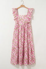 Pink Plus Size Ruffle Trim Square Neck High Waist Floral Maxi Dress Plus Size Maxi Dresses JT's Designer Fashion