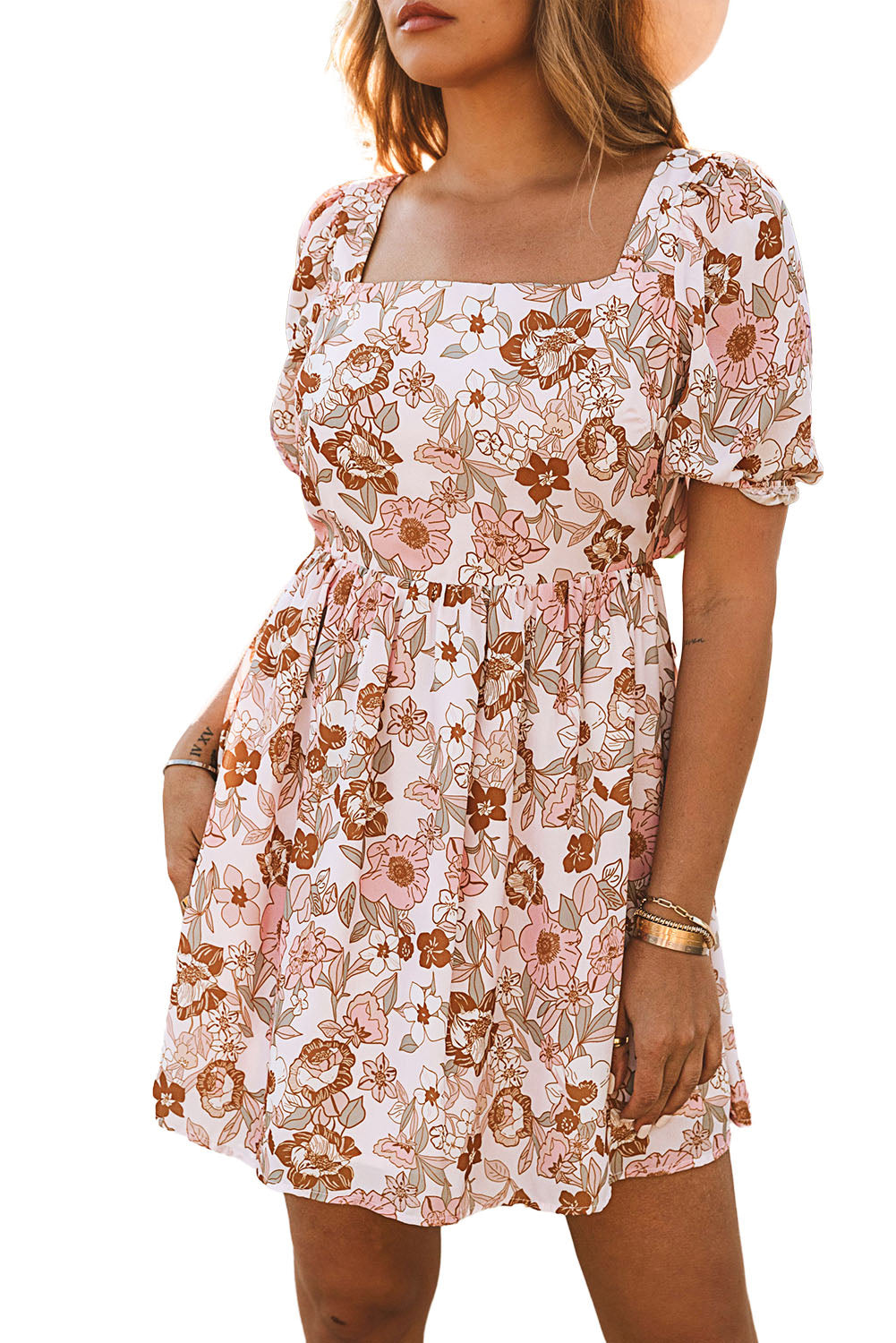White Floral Print Bow Knot Backless Square Neck Mini Dress Floral Dresses JT's Designer Fashion