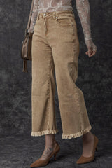 Light French Beige Acid Washed High Rise Cropped Wide Leg Jeans Jeans JT's Designer Fashion