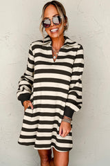 Black Stripe Collared V Neck Long Sleeve Loose Casual Dress Mini Dresses JT's Designer Fashion