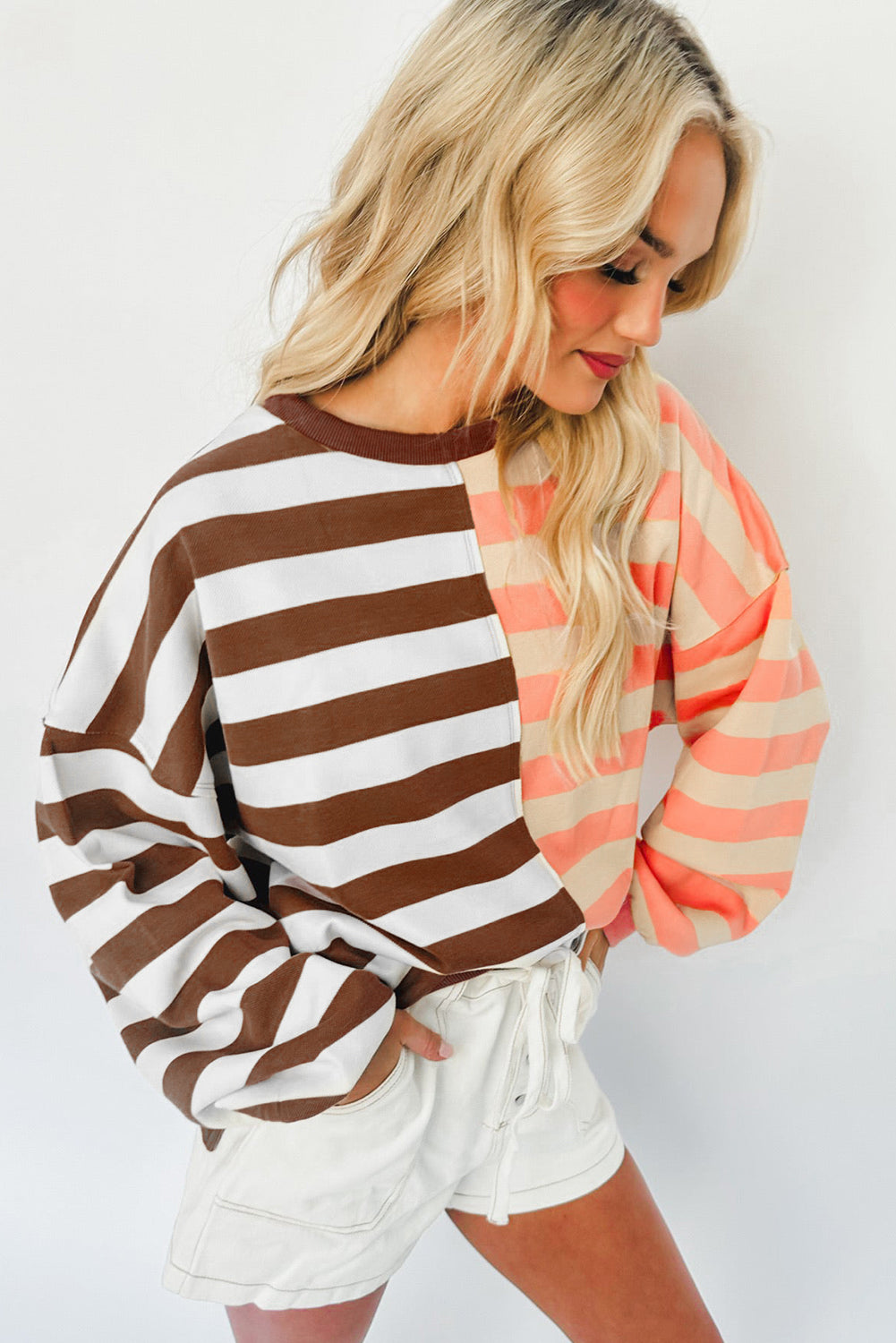 Brown Stripe Color Block Drop Shoulder Pullover Sweatshirt Sweatshirts & Hoodies JT's Designer Fashion