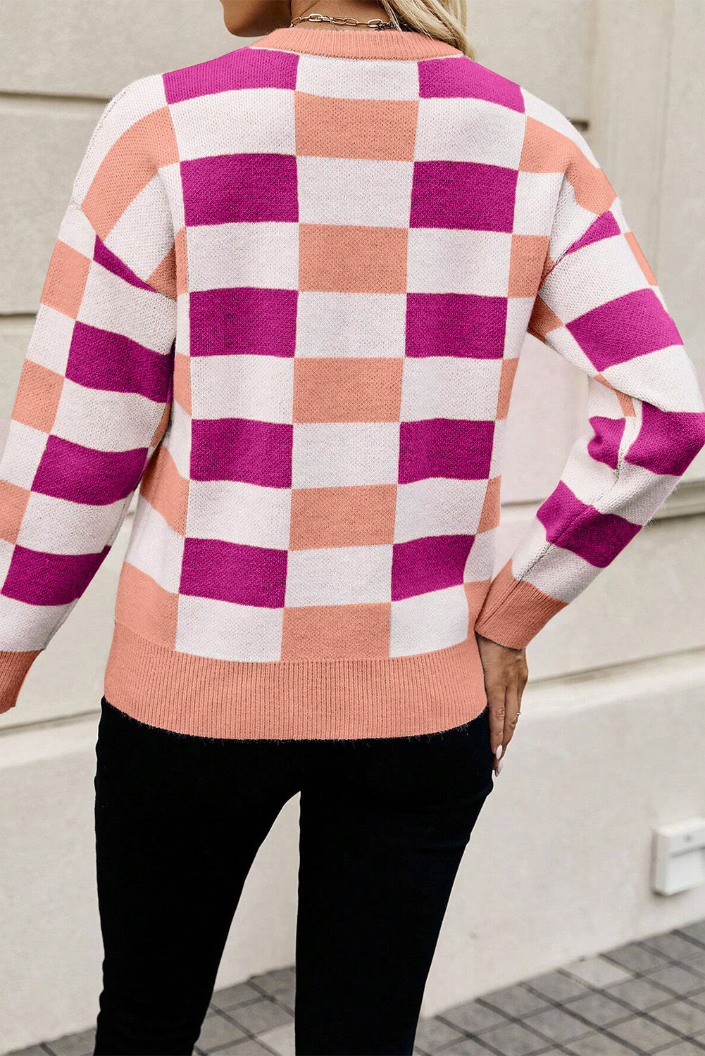 Pink Checkered Ribbed Edge O Neck Drop Shoulder Sweater Sweaters JT's Designer Fashion