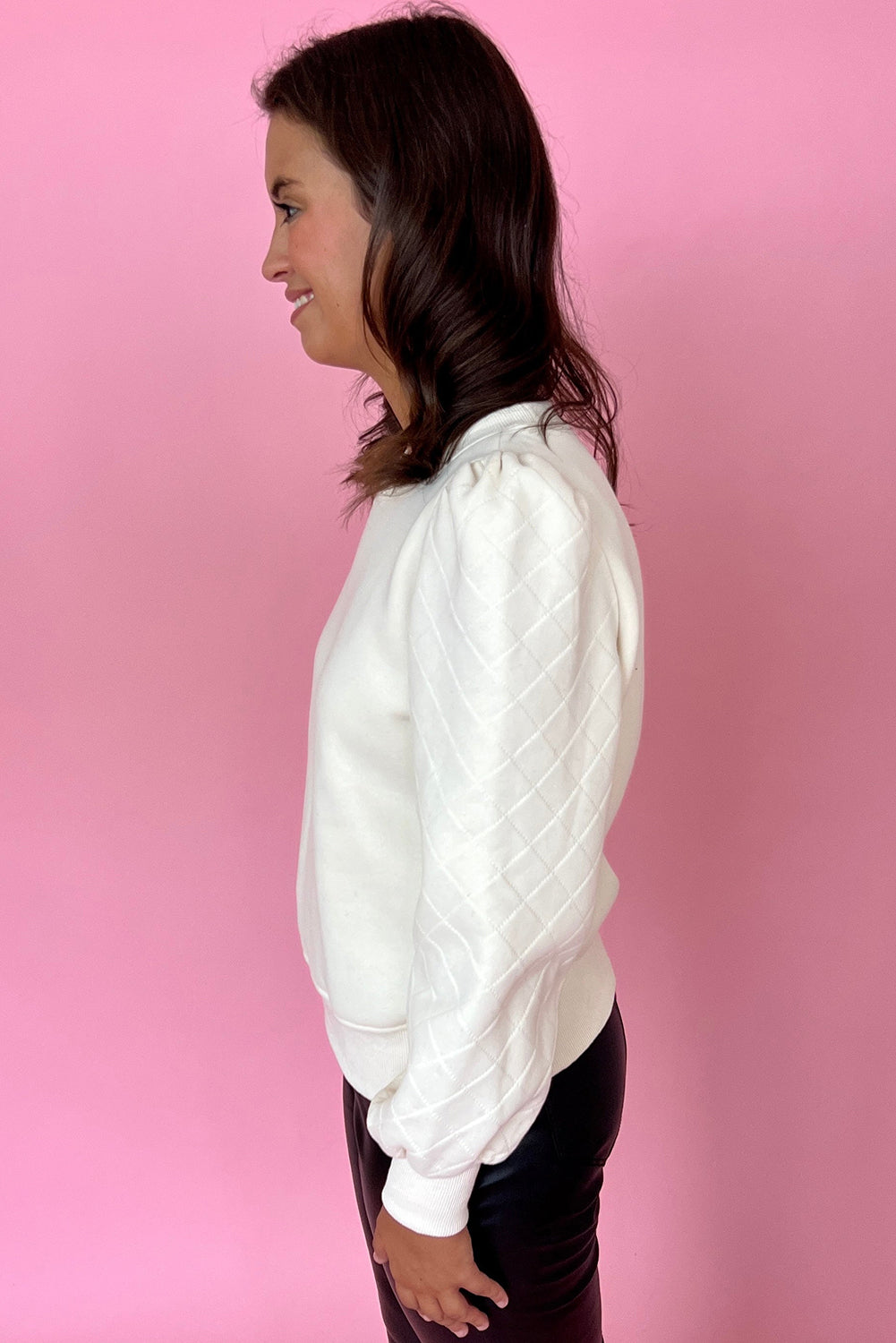 White Solid Puff Sleeve Round Neck Pullover Sweatshirt Sweatshirts & Hoodies JT's Designer Fashion