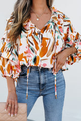 Yellow Abstract Print Drawstring Frilled V Neck 3/4 Sleeve Blouse Blouses & Shirts JT's Designer Fashion
