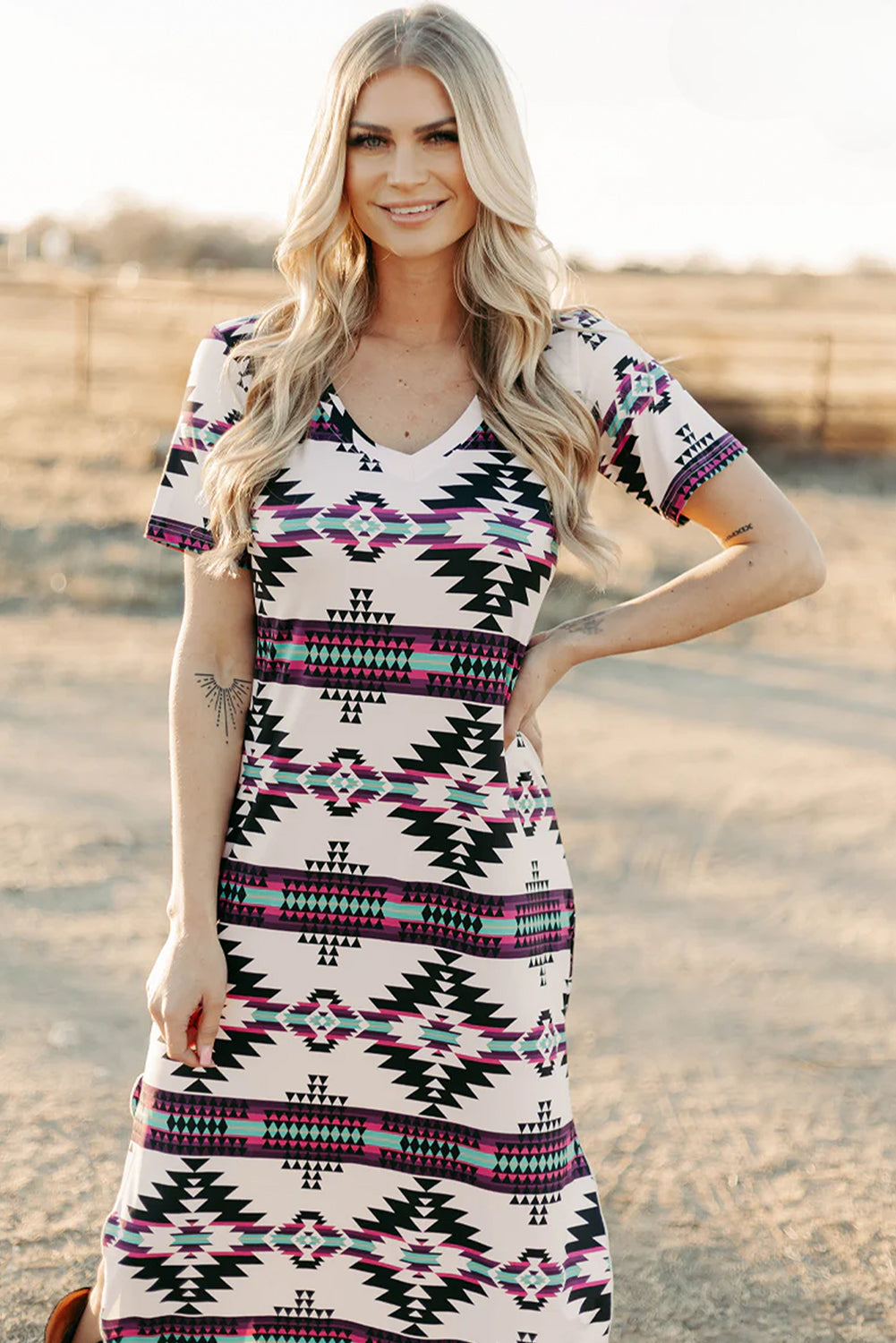 Beige Western Aztec Printed Long T-shirt Dress T Shirt Dresses JT's Designer Fashion