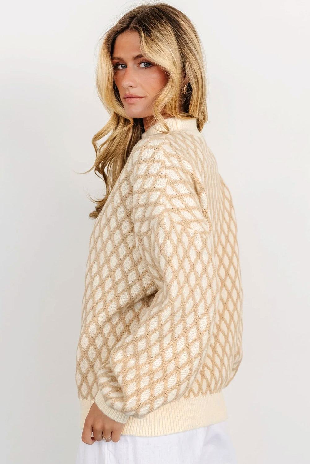 Oatmeal Diamond Knit Drop Shoulder Loose Sweater Sweaters JT's Designer Fashion