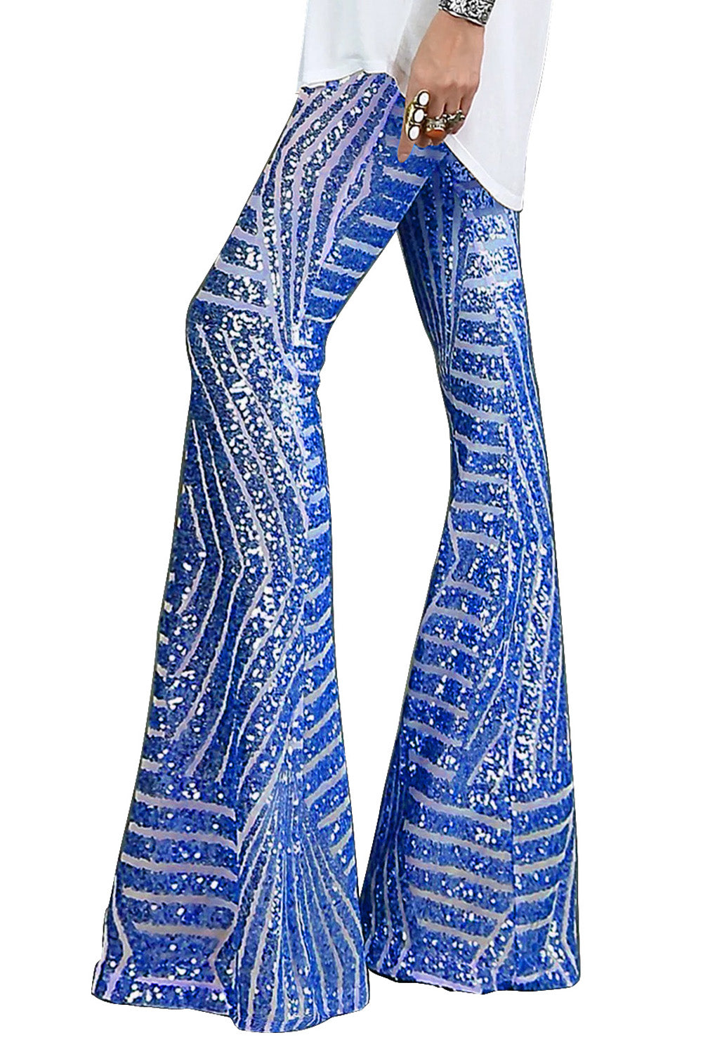 Blue Sequin Wide Leg Pants Pants & Culotte JT's Designer Fashion