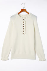 Beige Frill Trim Buttoned Knit Pullover Sweater Sweaters & Cardigans JT's Designer Fashion