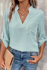 Green Stripe V Neck Roll Up Sleeve Pocket Patched Classic Shirt Green Stripe 59%Polyester+41%Cotton Blouses & Shirts JT's Designer Fashion