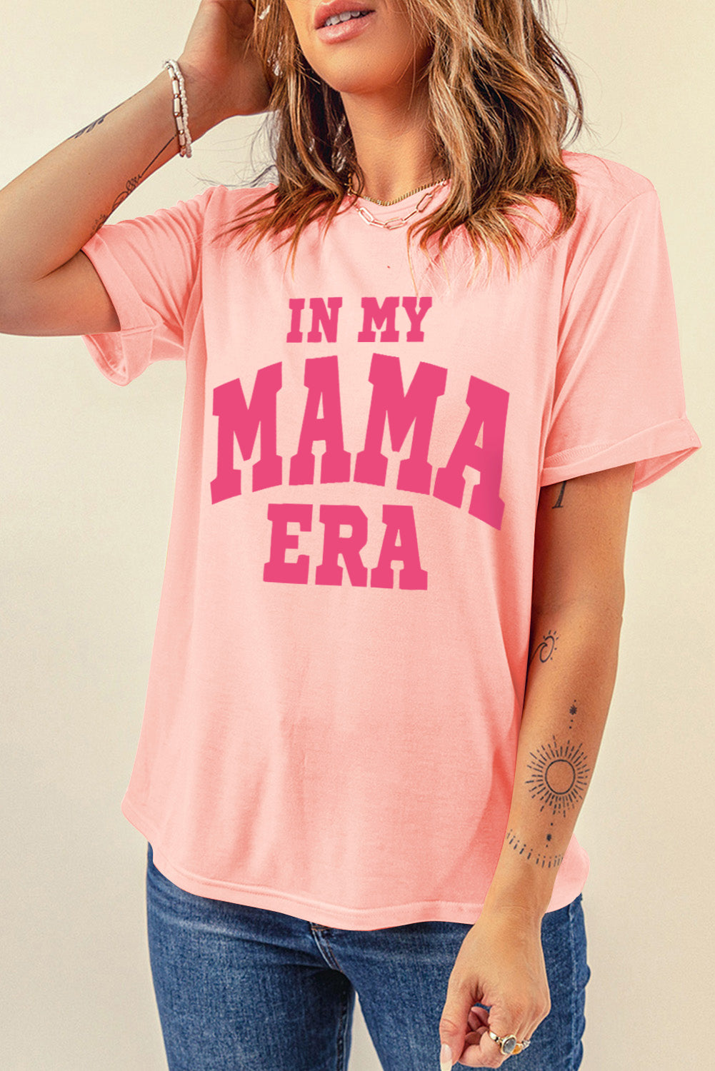 Pink IN MY MAMA ERA Crew Neck Graphic T Shirt Graphic Tees JT's Designer Fashion