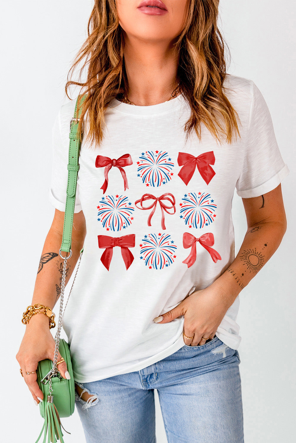White July 4th Celerbration Bowknot Firework Graphic Tee Graphic Tees JT's Designer Fashion