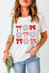 White July 4th Celerbration Bowknot Firework Graphic Tee Graphic Tees JT's Designer Fashion