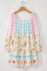 Pink Ric Rac Plaid Floral Print Patchwork Bubble Sleeve Dress Floral Dresses JT's Designer Fashion