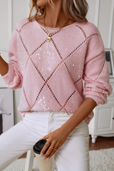 Light Pink Hollowed Rhombus Pattern Sequin Detail Round Neck Sweater Sweaters JT's Designer Fashion